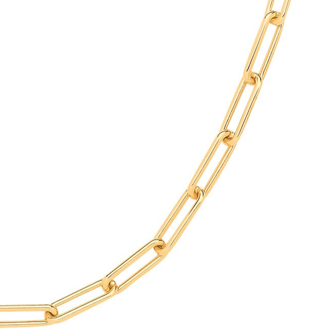 9ct gold paper link necklace chain 17 inches long 4.5mm wide close up view.