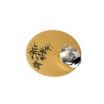 Real Silver round-hinged pill box with a stork and a baby standing on the lid looking down on the top PB00008.