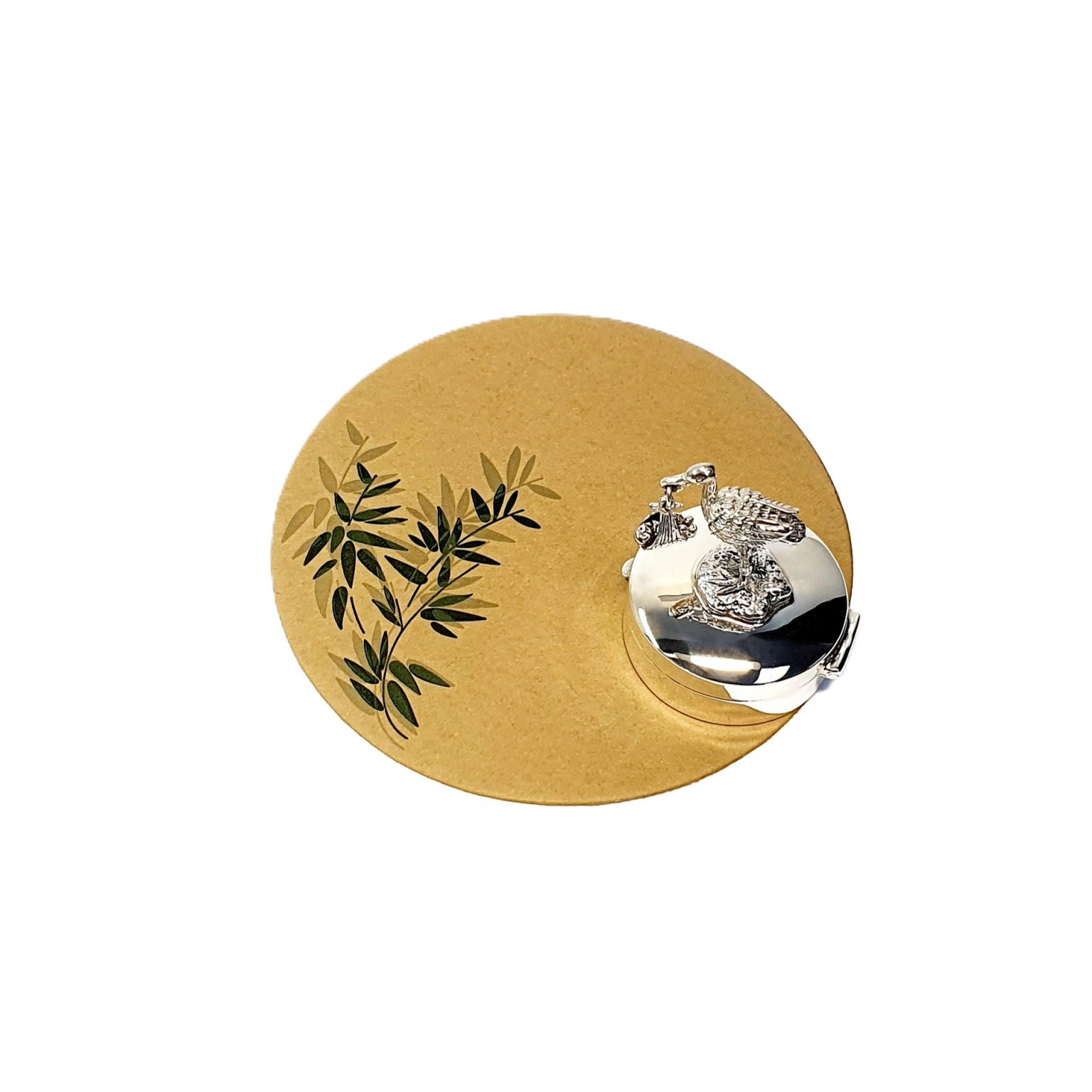 Real Silver round-hinged pill box with a stork and a baby standing on the lid looking down on the top PB00008.