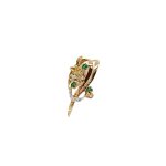 9ct yellow gold brooch with a sprig of seven leaves coming through a floral swirl of polished and barked yellow gold with three bright green emeralds & three sparkling diamonds set into a small white rhodium section, view of the side.