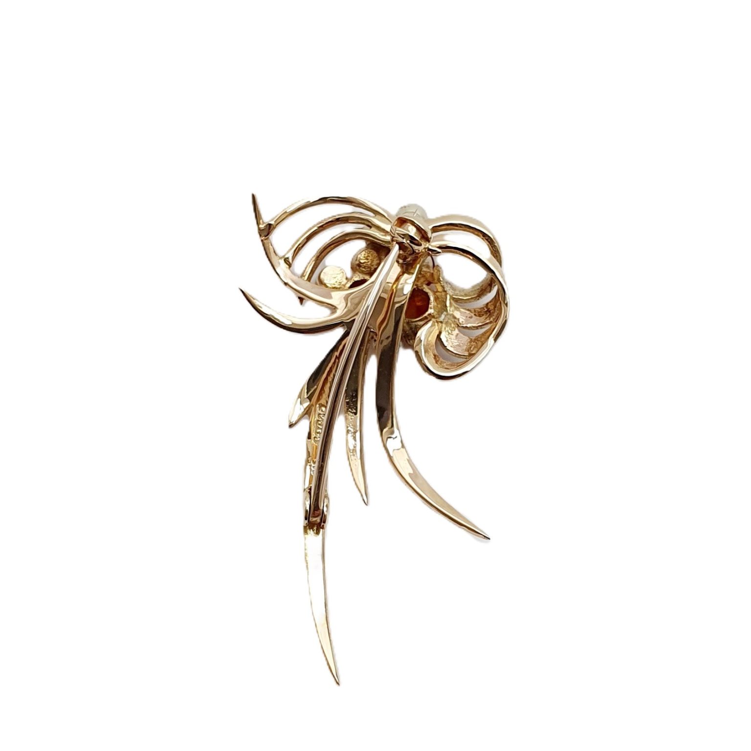This gorgeous multi-loop bow brooch is crafted in 9ct yellow gold and features three golden yellow Citrines and five white pearls. View of the back.