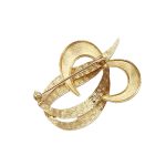 9ct yellow gold abstract leaf Brooch with a contrasting polished & tree bark texture, show back view.