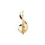 Polished 9ct yellow gold treble clef brooch with three 5.5mm cultured pearls to the centre. Back view.