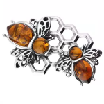 Genuine silver honey bees on a honeycomb brooch pin with natural cognac Baltic amber embellishments.