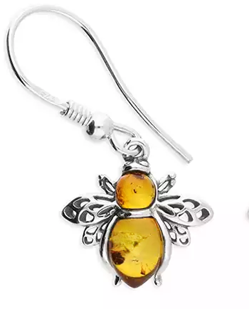 The Wimborne genuine silver Baltic honey colour amber honey bee drop earrings close up.