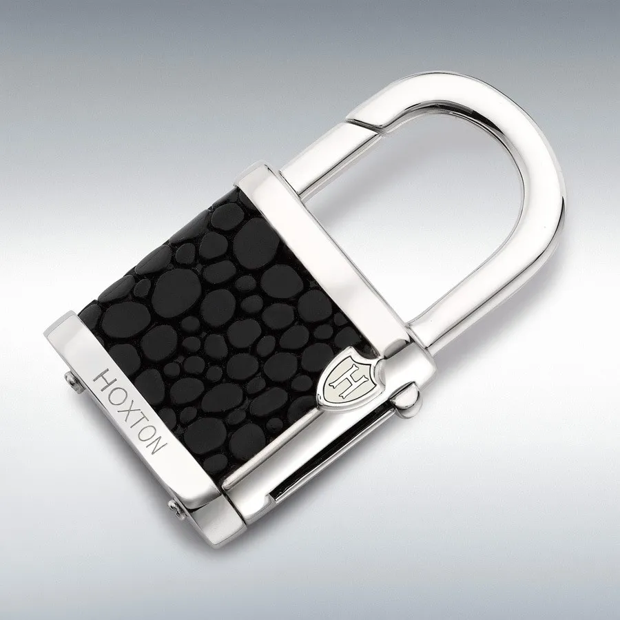 Hoxton London' Men's Sterling Silver Black Leather Inlay Padlock Keyring KF00041