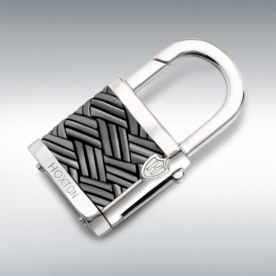 Hoxton London Men's Sterling Silver grey oxidised bamboo patterned leather Inlay padlock keyring KF0004