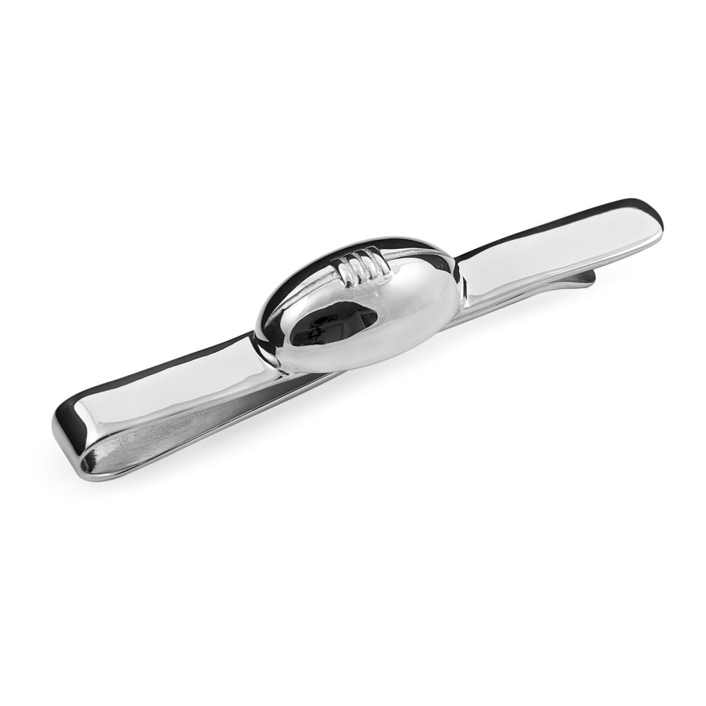 Genuine solid silver tie clip highly polished with a rugby ball to the centre TS00002