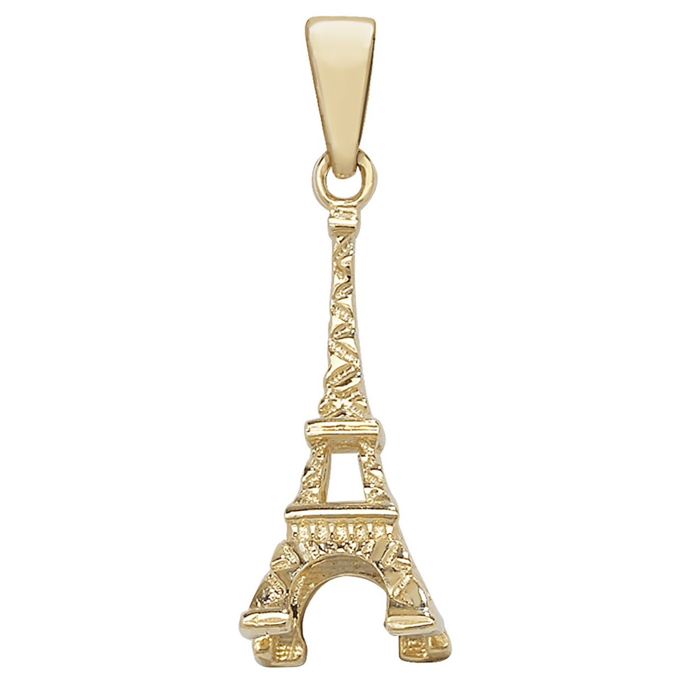 9ct yellow gold-Eiffel Tower pendant necklace/charm CM00296 available with or without a chain. Close up picture.
