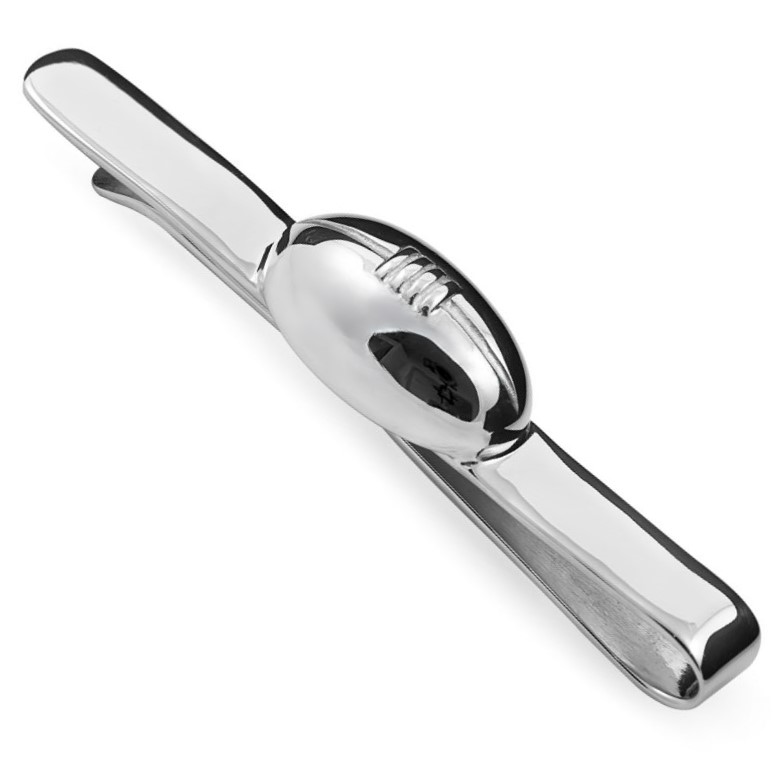 Genuine solid silver tie clip highly polished with a rugby ball to the centre TS00002 pictured close up