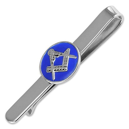 Genuine solid silver tie slide with bright blue enamel and Masonic symbols of a square and compass.