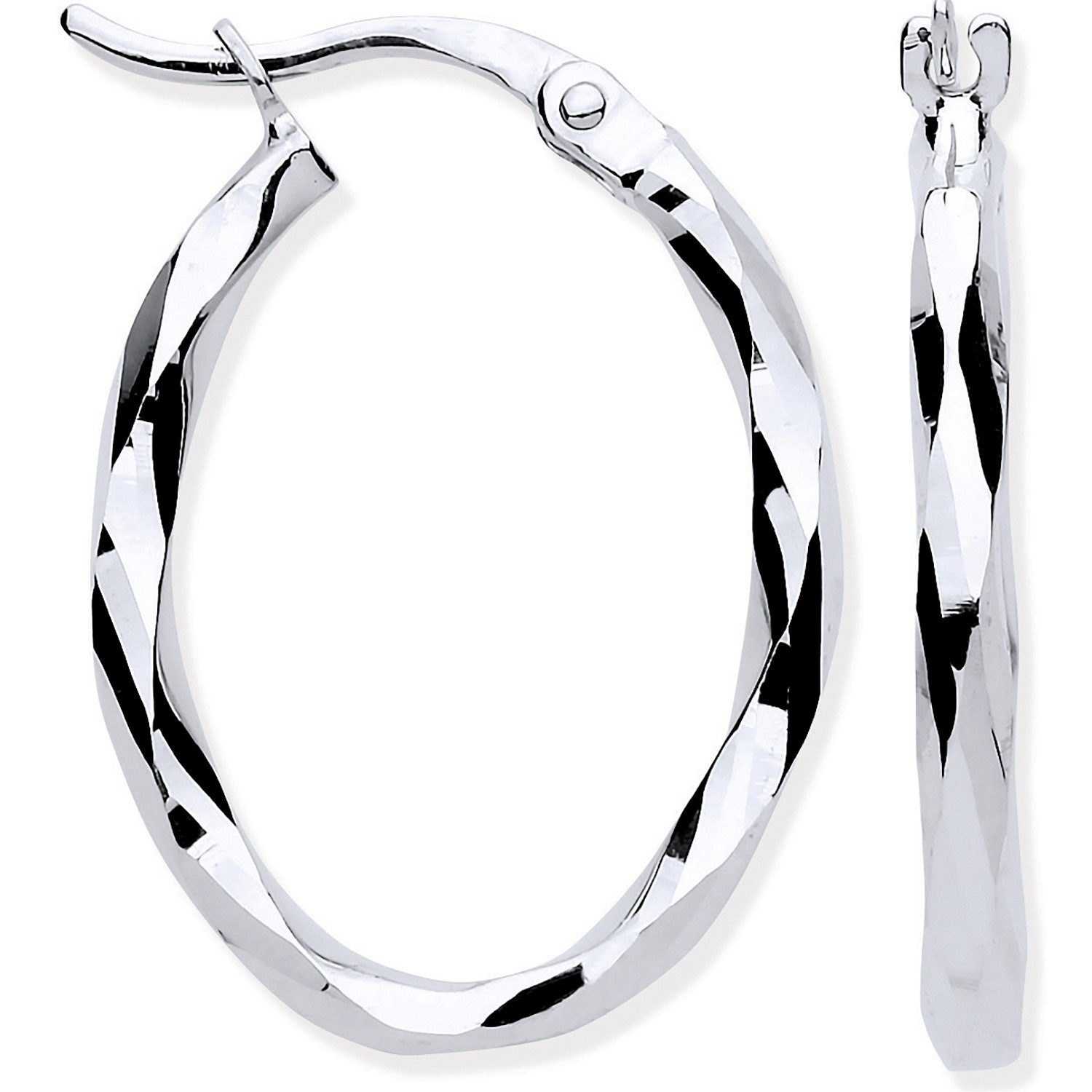 9ct white gold oval loop earrings with a faceted diamond cut pattern 22mm x 16mm.