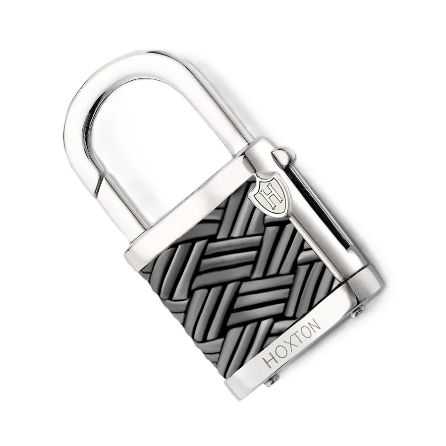 Hoxton London Men's Sterling Silver grey oxidised bamboo patterned leather Inlay padlock keyring KF0004