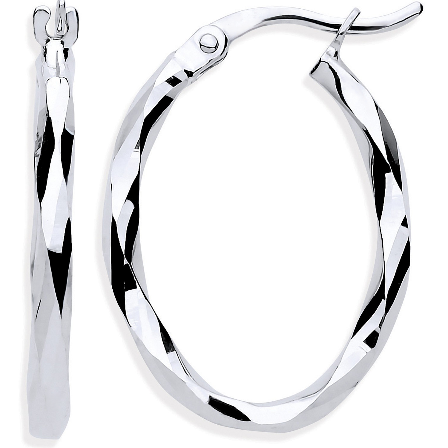 9ct white gold oval loop earrings with a faceted diamond cut pattern 22mm x 16mm.
