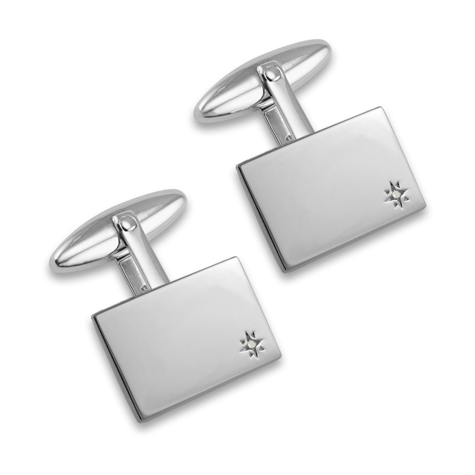 Genuine 925 sterling silver flat rectangular cufflinks with a petite star set diamond in one corner.