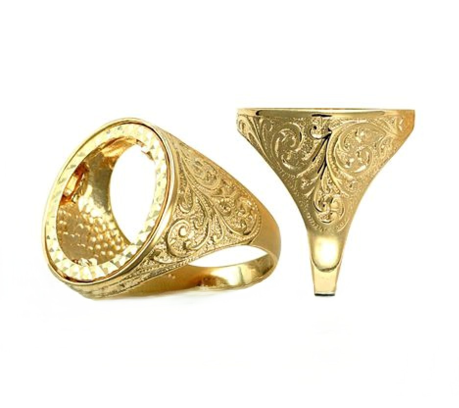 Heavy solid 9ct gold scroll pattern full sovereign ring mount showing two different angles.