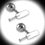 Polished sterling silver cricket bat and ball cufflinks displayed on a black background, highlighted by a focused white spotlight.