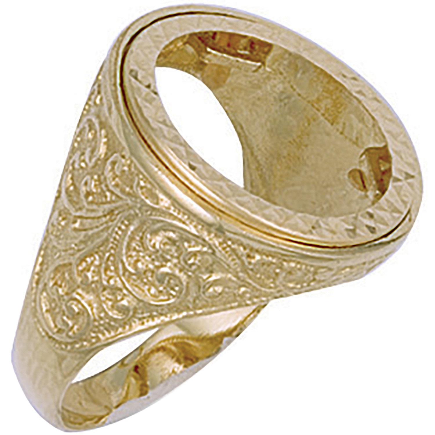 Heavy solid 9ct gold scroll pattern full sovereign ring mount