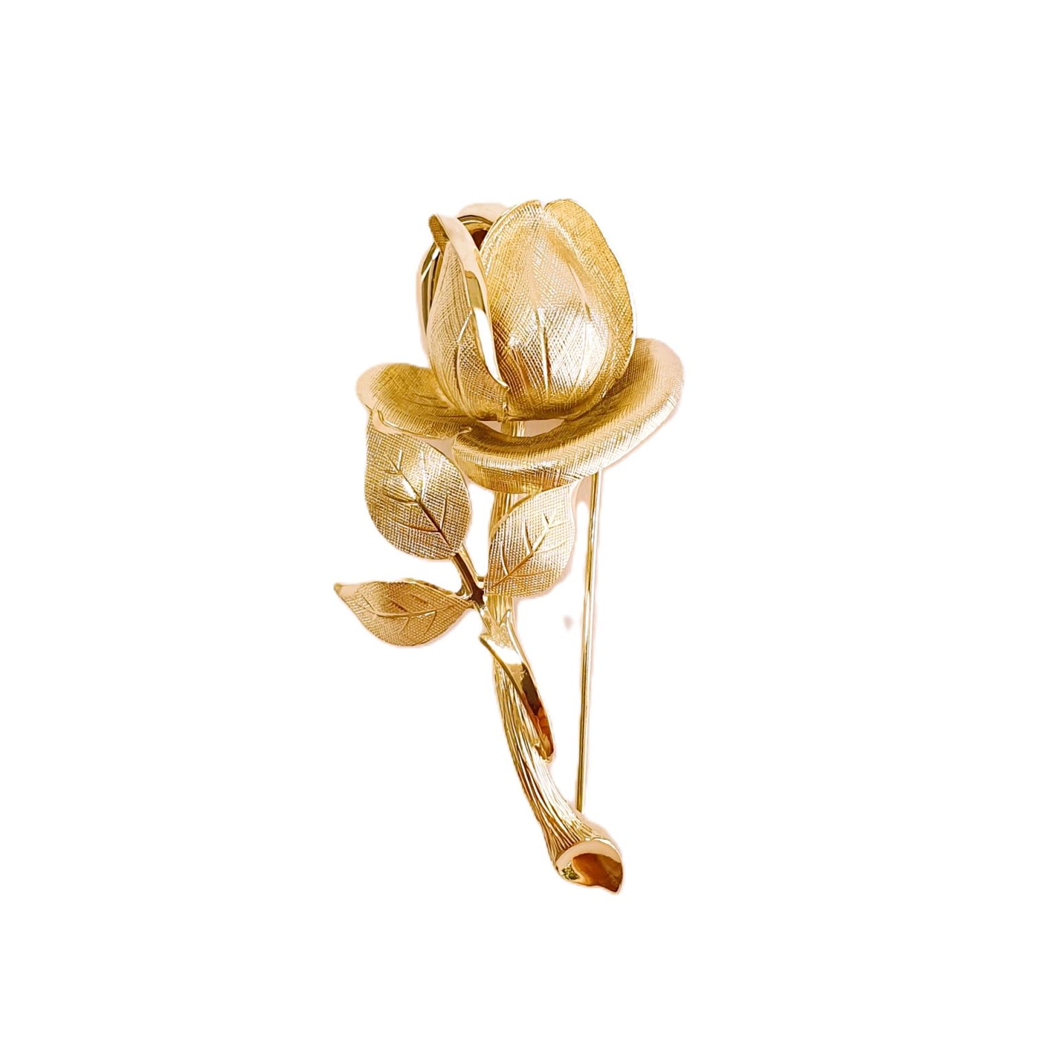 9ct yellow gold single rose broch with a textured pattern with polished highlights.