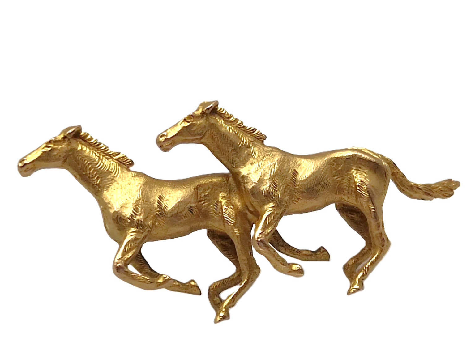This is a superb brooch by one of the best makers, Alabaster & Wilson. Two galloping horses are side by side, and the detail screams quality—front view.