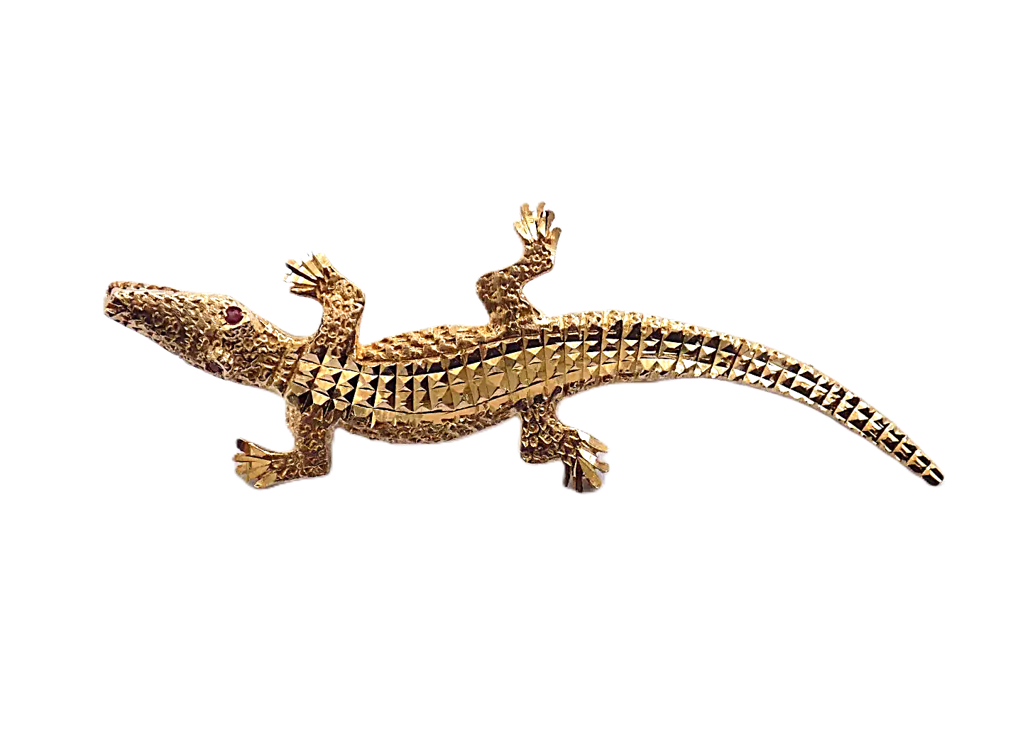 Premium gold crocodile brooch featuring fine detailing and ruby eyes
