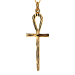 9ct rose gold Glastonbury Ankh Egyptian cross Pendant with a hand-engraved sunburst pattern 45mm x15mm.Pictured close up.