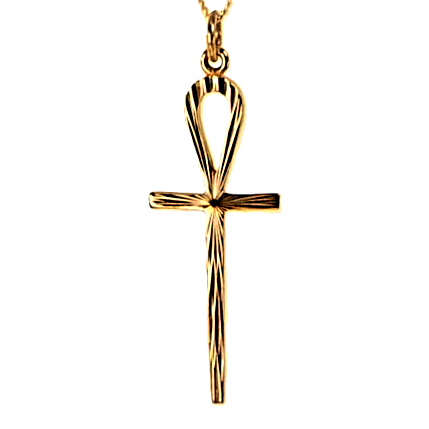 9ct rose gold Glastonbury Ankh Egyptian cross Pendant with a hand-engraved sunburst pattern 45mm x15mm.Pictured close up.