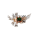 An emerald-cut green stone brooch with two delicate pearls set in a starburst design.