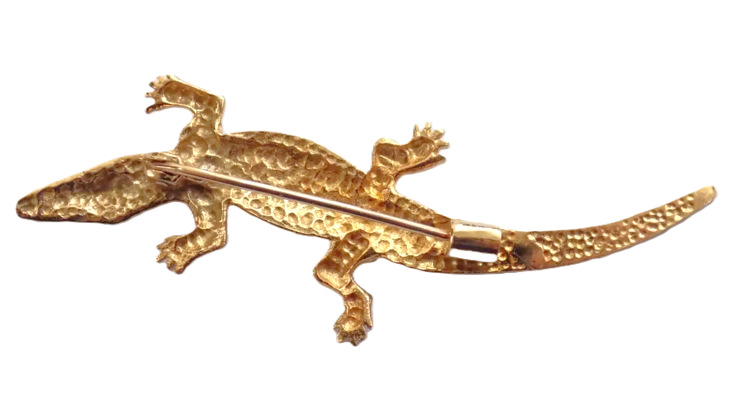 Back view of the Brize Norton 9ct gold crocodile brooch, showcasing the hinged straight pin and hook fitting for secure attachment