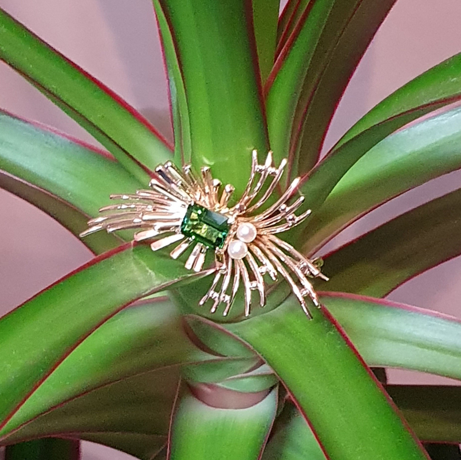 An emerald-cut green stone brooch with two delicate pearls set in a starburst design photographed on a plant.