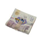 A gold clip for your cash with a tree bark pattern, hallmarked in London picture of the back.