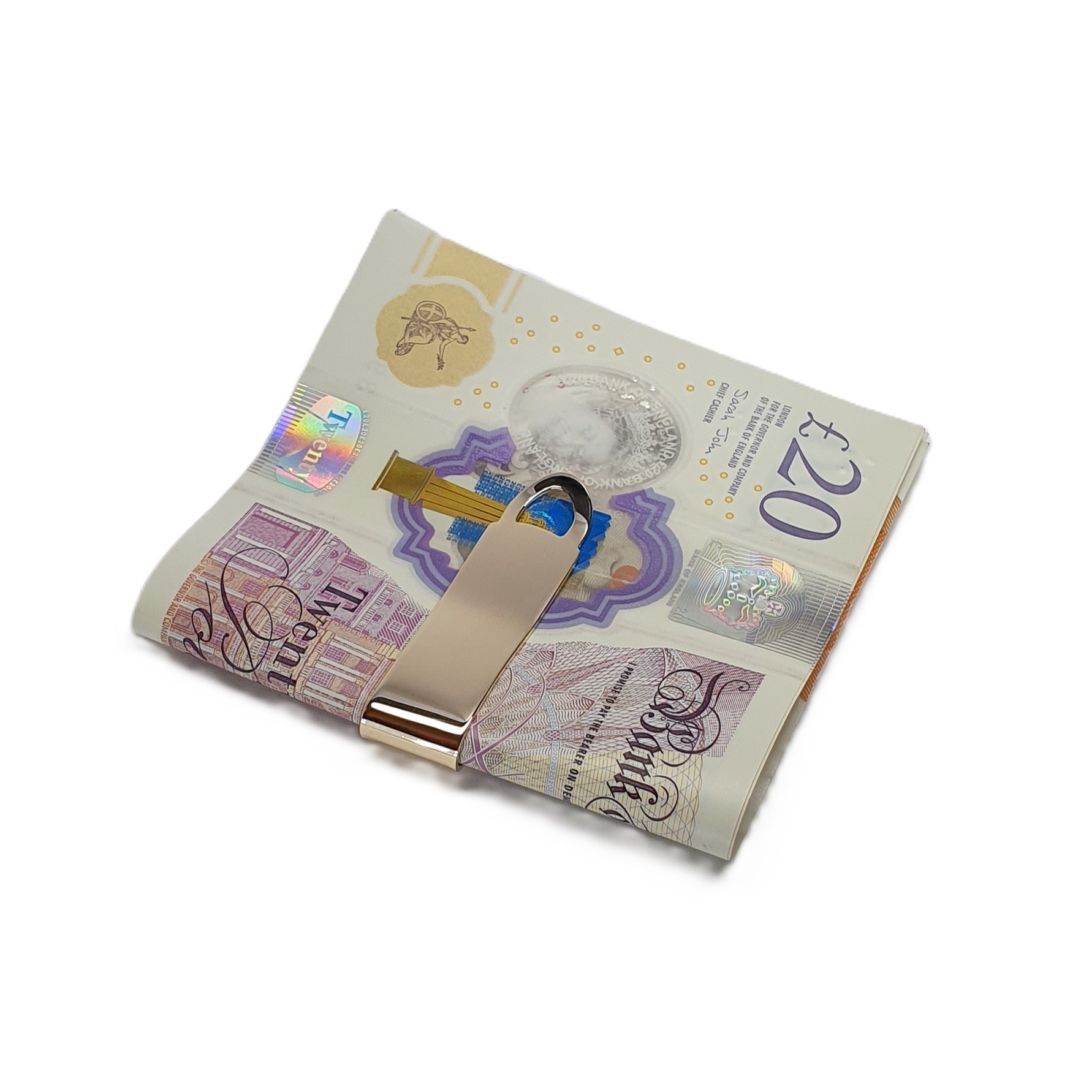 A gold clip for your cash with a tree bark pattern, hallmarked in London picture of the back.