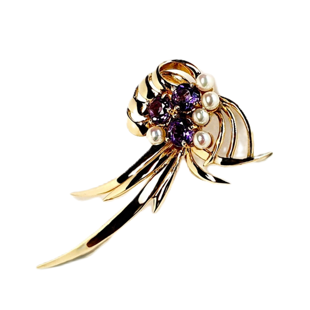 Beautiful multiple gold ribbon brooch set with five round pearls and three stunning round purple amethyst gemstones.