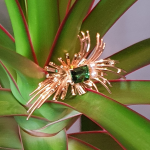 Close up of A emerald-cut green stone brooch with two delicate pearls set in a starburst design photographed on a plant.