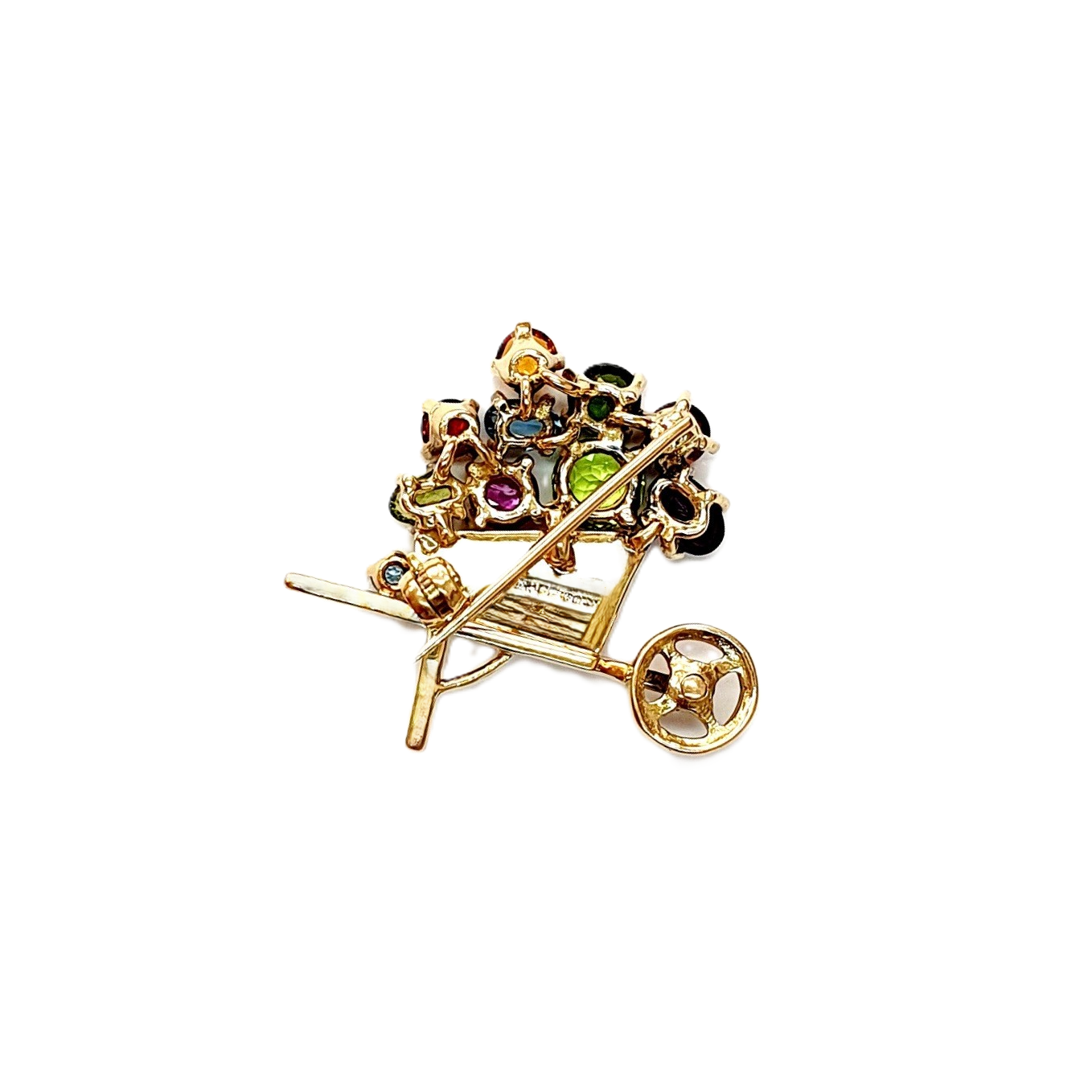 Back View: An image of the back of the Barrow-in-Furness 9ct Gold Gemstone Wheel Barrow Brooch, highlighting the secure swivel catch and hallmark.