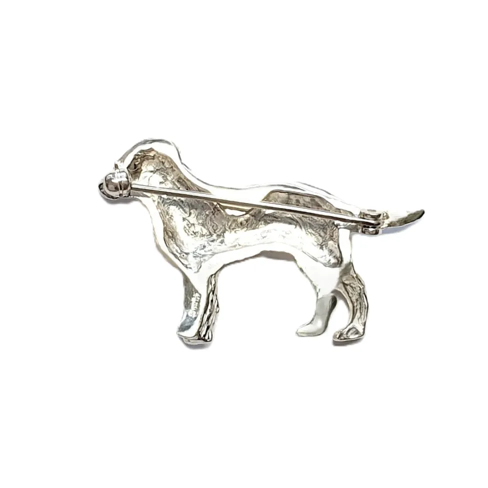 Rear view of Labrador brooch displaying the pin and safety swivel catch.