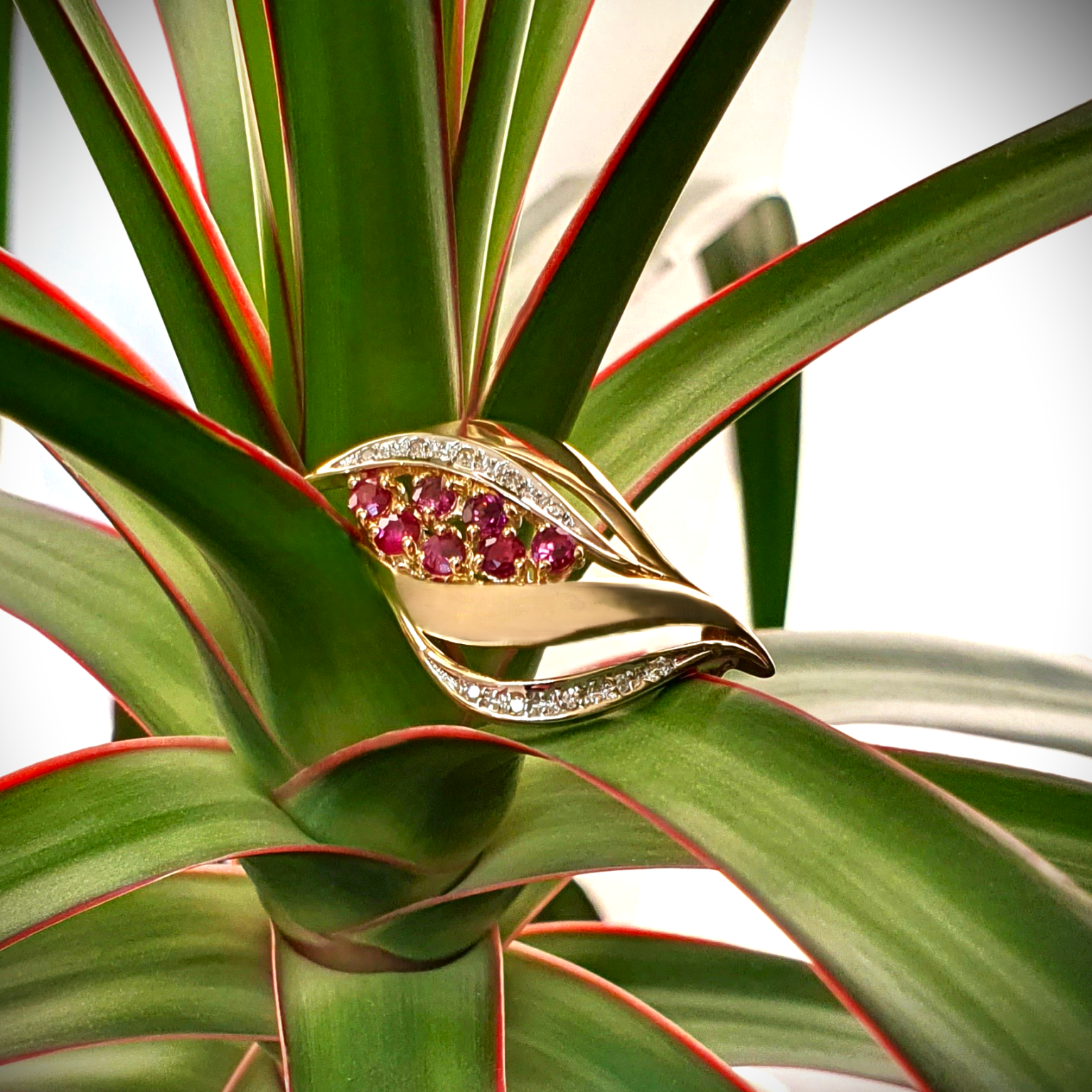 Ruby brooch pin pictured on a plant.