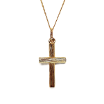 9ct gold cross pendant with hand-engraved tree bark texture.