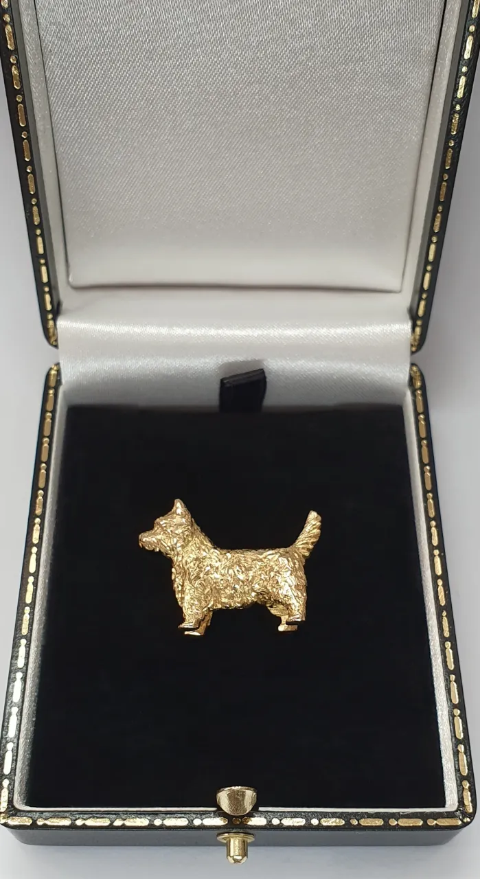 Picture of a 9ct Gold West Highland Terrier Brooch BR00058 in the gift box.