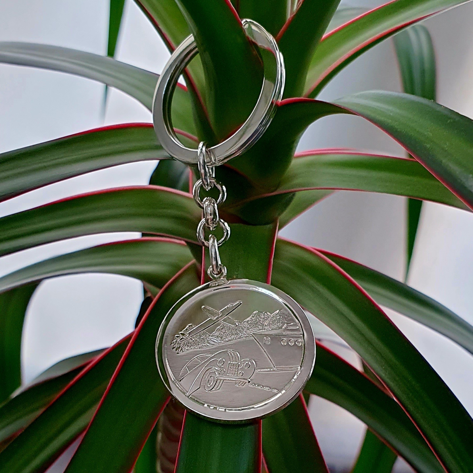 Back view on a plant: "Reverse side of the Saint Christopher keyring, showcasing embossed travel symbols including a car, ship, and airplane displayed against vibrant green leaves, highlighting its craftsmanship and design."
