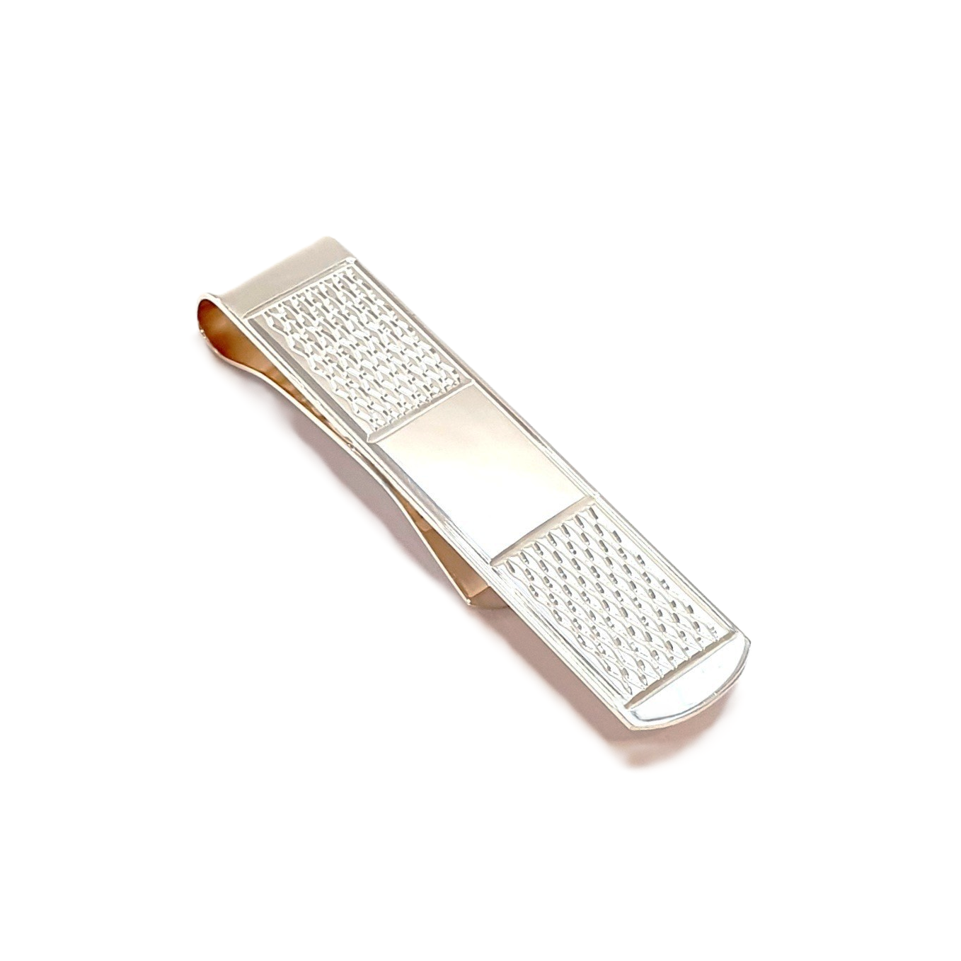 Sterling silver patterned money clip with front area for engraving initials.
