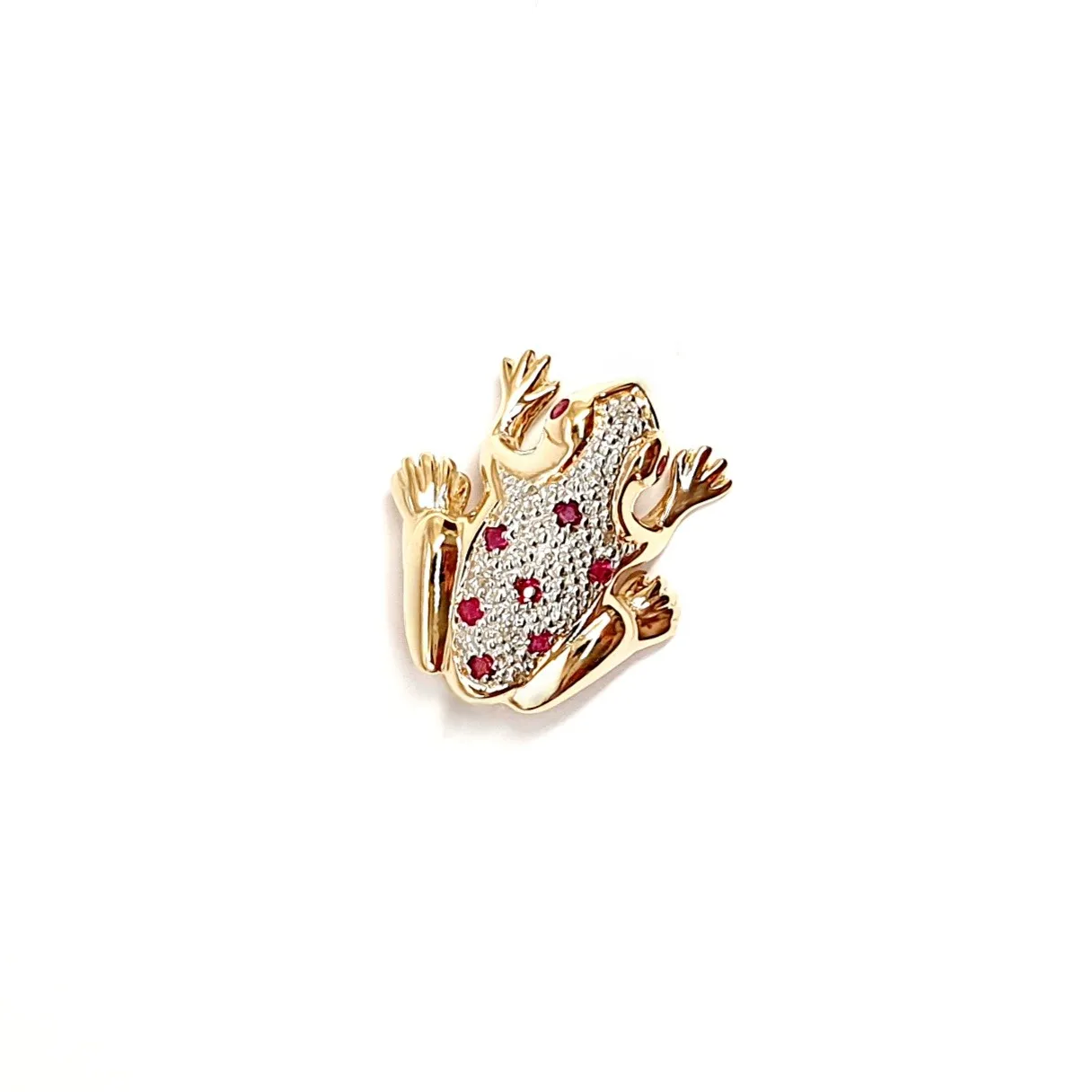 Gelb- und Weißgold-Froschbrosche mit roten Rubinen und weißen Diamanten.