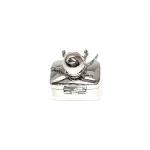 Cushion shaped silver container for your pills picture from behind.