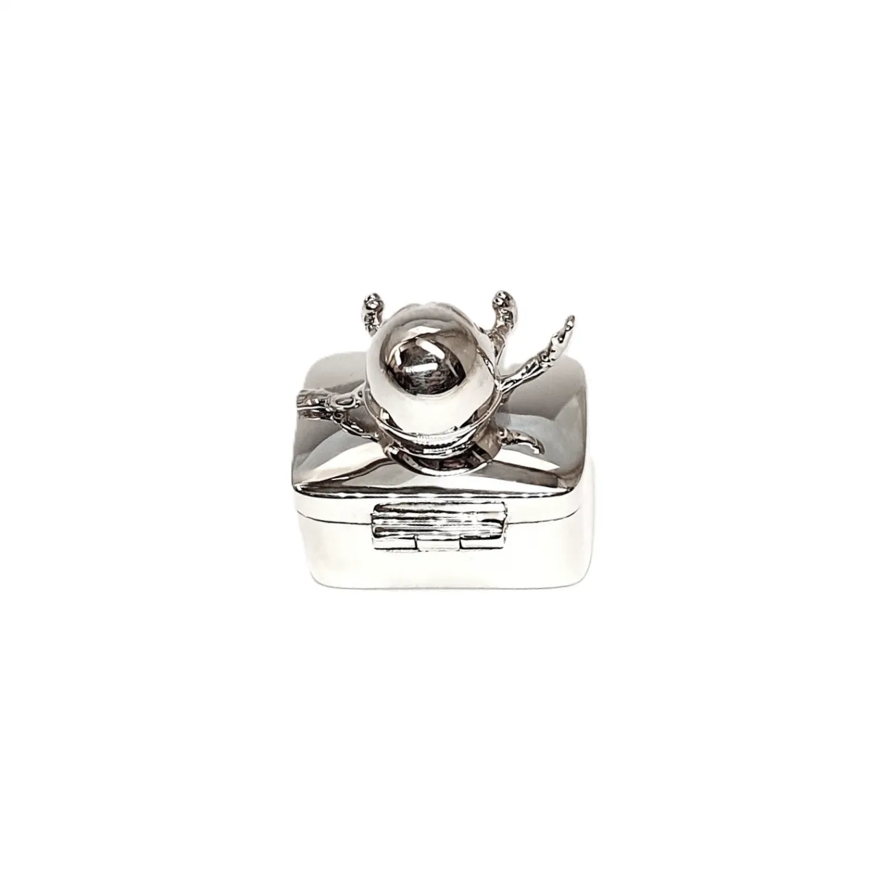 Cushion shaped silver container for your pills picture from behind.