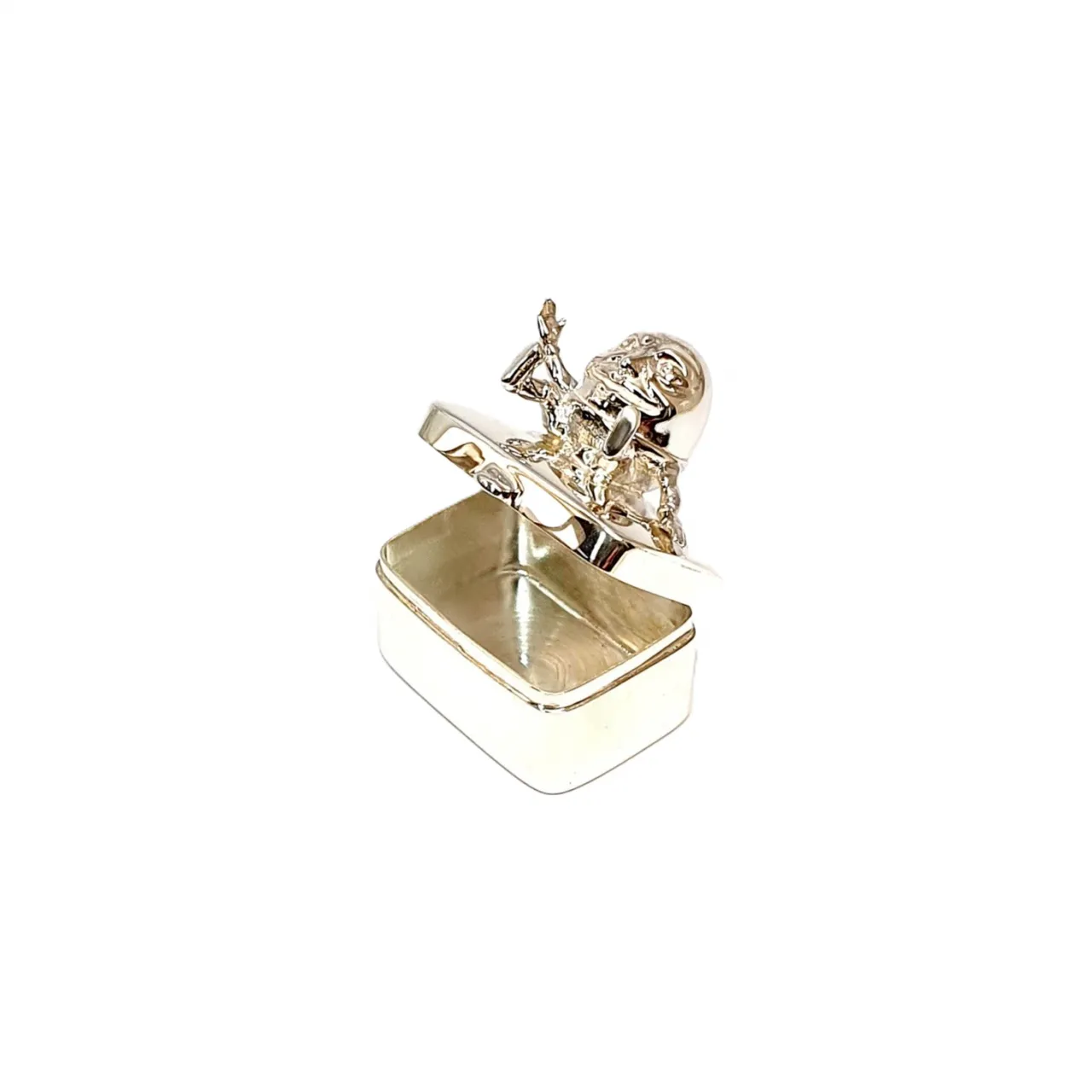 Genuine silver Humpty dumpty trinket box. showing open.