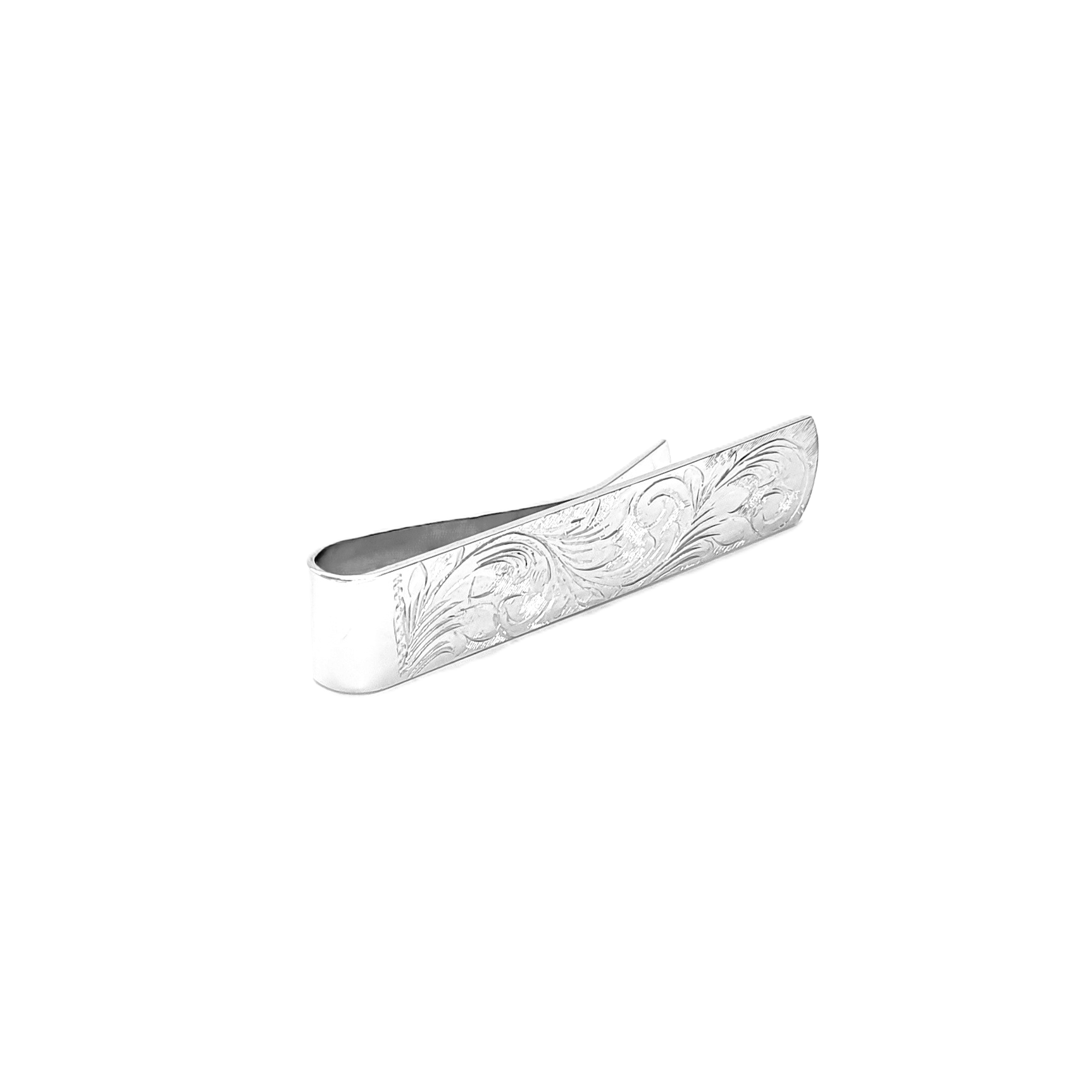 Side Picture: View of the intricate scroll design on the side of the sterling silver money clip.