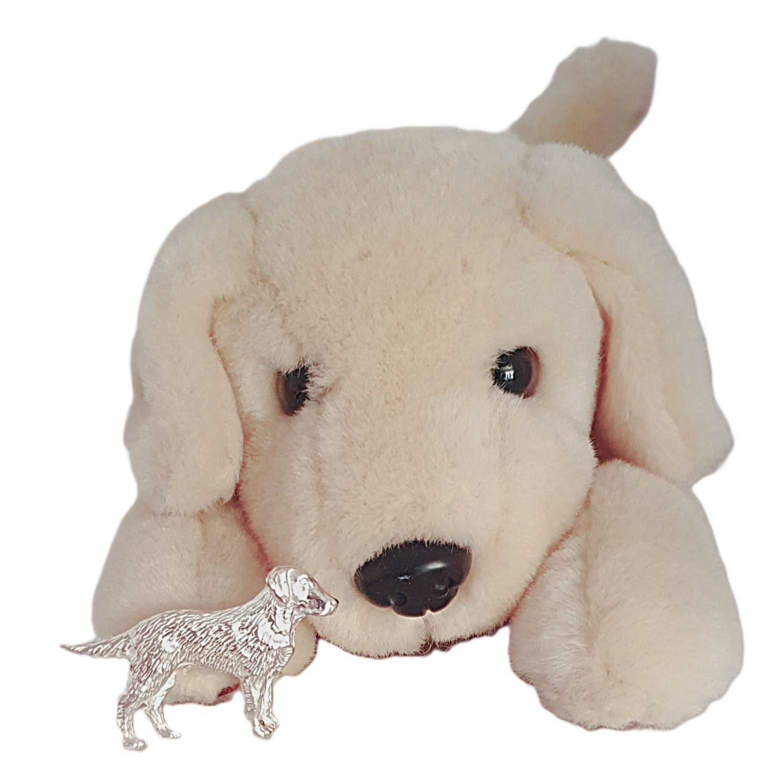 Labrador dog brooch picture with a cuddly toy dog.