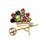 Close-up Front View: A close-up image of the Barrow-in-Furness 9ct Gold Gemstone Wheel Barrow Brooch, showcasing the intricate details and vibrant multi-gemstones.