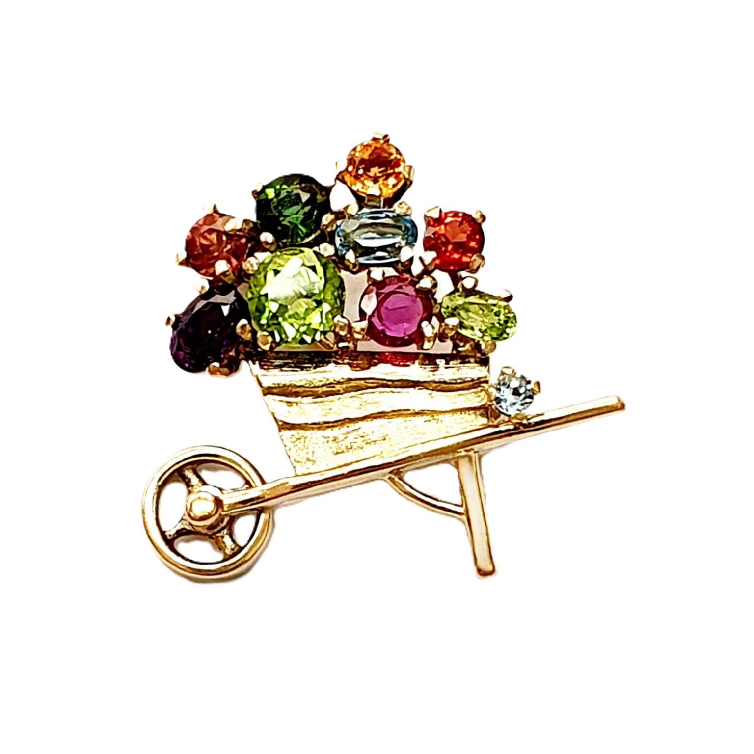 Close-up Front View: A close-up image of the Barrow-in-Furness 9ct Gold Gemstone Wheel Barrow Brooch, showcasing the intricate details and vibrant multi-gemstones.