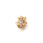 Yellow and white gold frog brooch with red rubies and white diamonds.